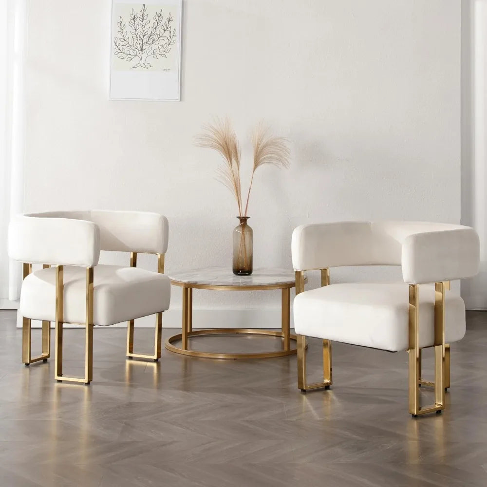Ivory Velvet Accent Chairs - Gold Metal Legs, Set of 2