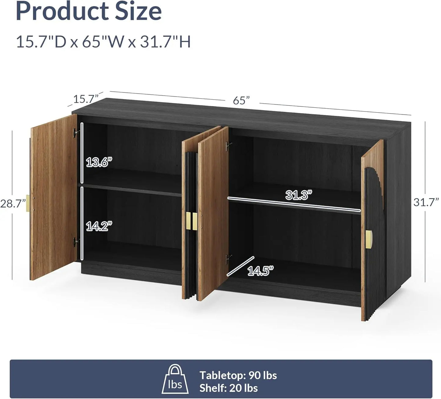 65 Inch Fluted Buffet Cabinet - Elegant Storage Solution
