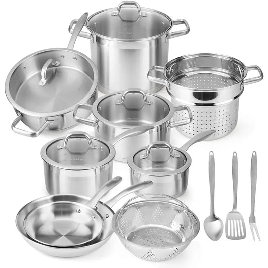 Stainless Steel Cookware Set 17PC - Induction Ready & Durable